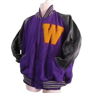 Vintage Kimmel Varsity Letterman Jacket Purple Wool Blend Black Leather Gold W